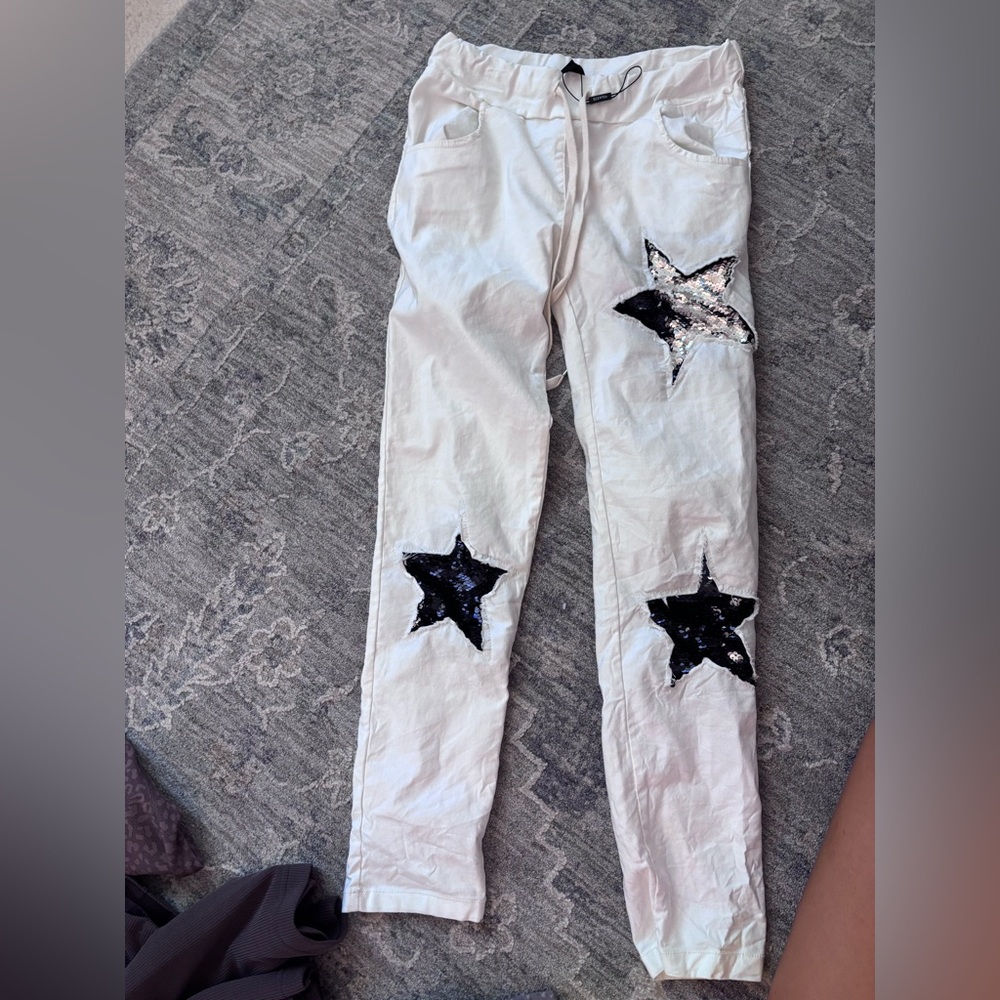 Sequin Star Embellished White Pants